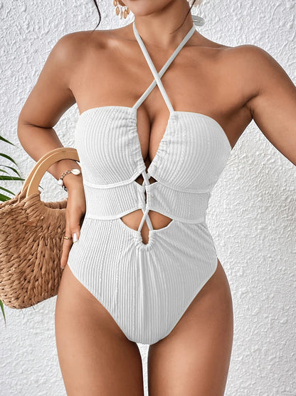 Halter Swimsuit One Piece Solid Hollow Swimwear Women Bathers Bathing Swimming Swim Suit Female Beachwear Bodysuit