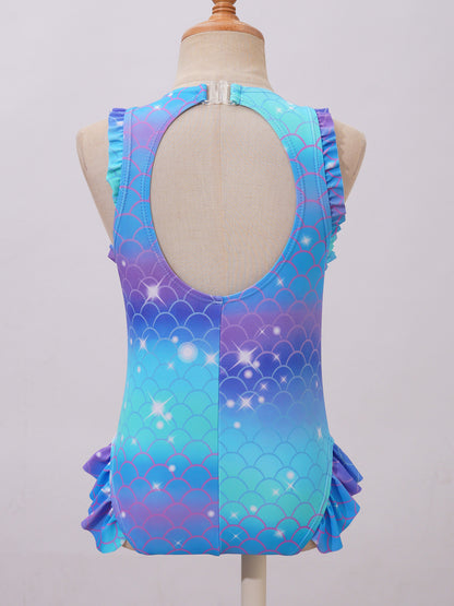 Kids Girls Mermaid Swimsuit Sleeveless Fish Scales Print Ruffle Flounce Jumpsuit Bathing Suit Pool Beach Athletic Swimwear