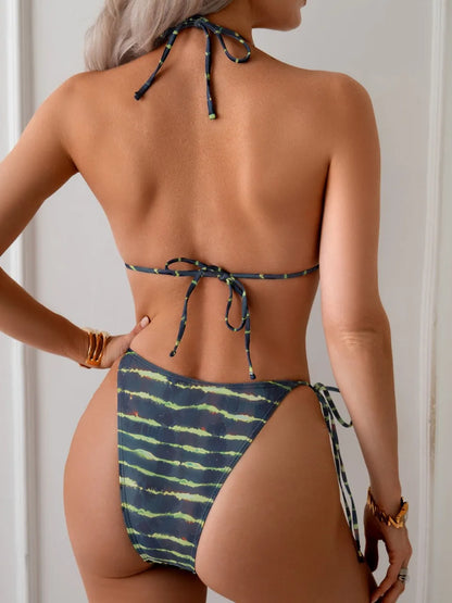 Halter Triangle Bikinis Women Stripe Print Swimsuit Beach Swimwear Female Bathers Bathing Swimming Swim Suit Summer