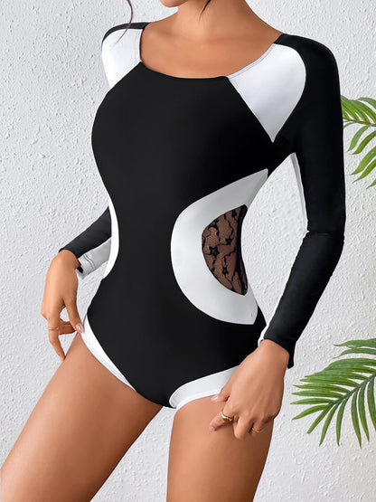 Women One Piece Slim Mesh Swimwear Long Sleeves Swimsuit Female Bathers Bathing Swimming Swim Sporty Bodysuit Beachwear