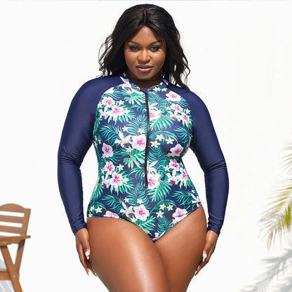 Print Patchwork Plus Size Swimwear Women Push UP Large One Piece Swimsuit Long Sleeve Chubby Bathing Suit