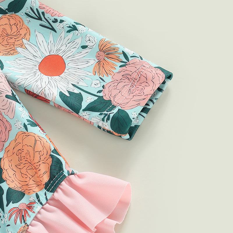 0-4Y Toddler Baby Girl Swimsuit Romper 4 Colors Flower Print Long Sleeve Ruffle Bikini Bathing Suit