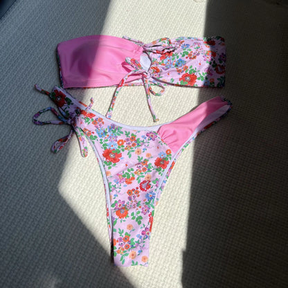 Circyy Two-piece Swimsuit Women Strapless Bikini Set Print Spliced Beachwear Summer 2025 New Swimwear Fashion Vintage Biquinis