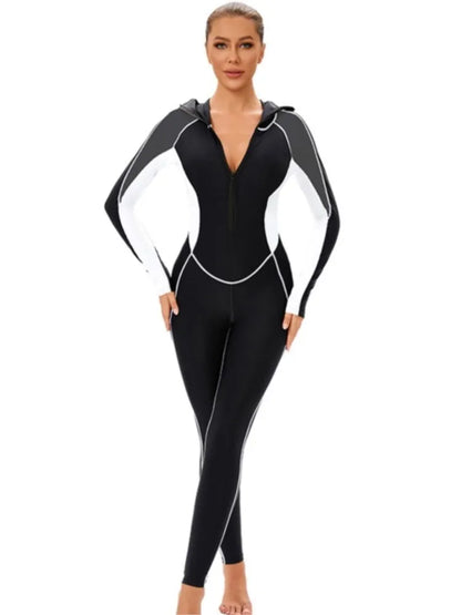 Long Sleeves Swimwear Women Surfing Swimsuit Striped Bathing Suits Zipper One-piece Swim Suits Pants Push Up Beach Wear
