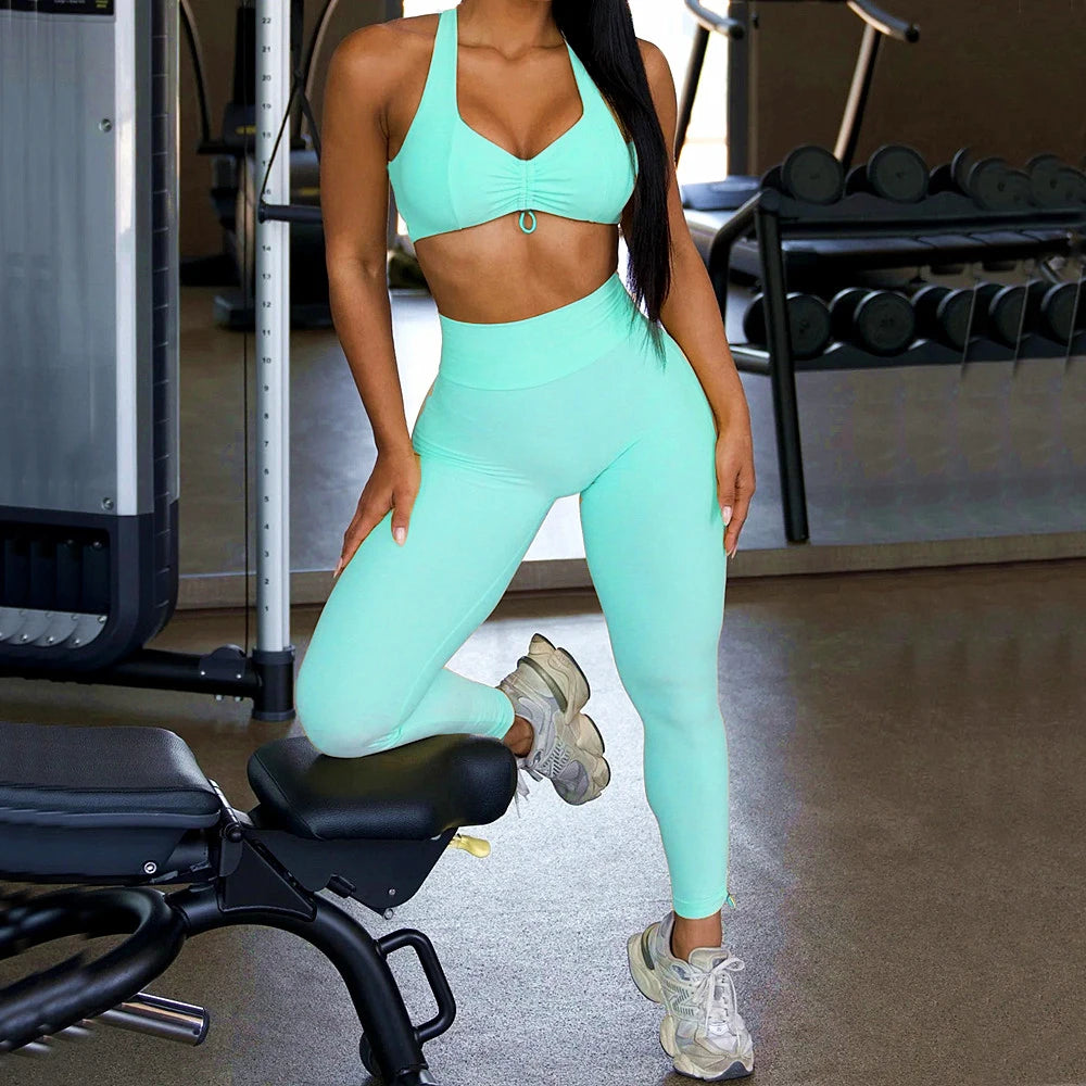 2PCS Pad Yoga Set Women Sportswear Workout Clothes Athletic Wear Gym Legging Fitness Bra Crop Top Short Sleeves Sports Suit