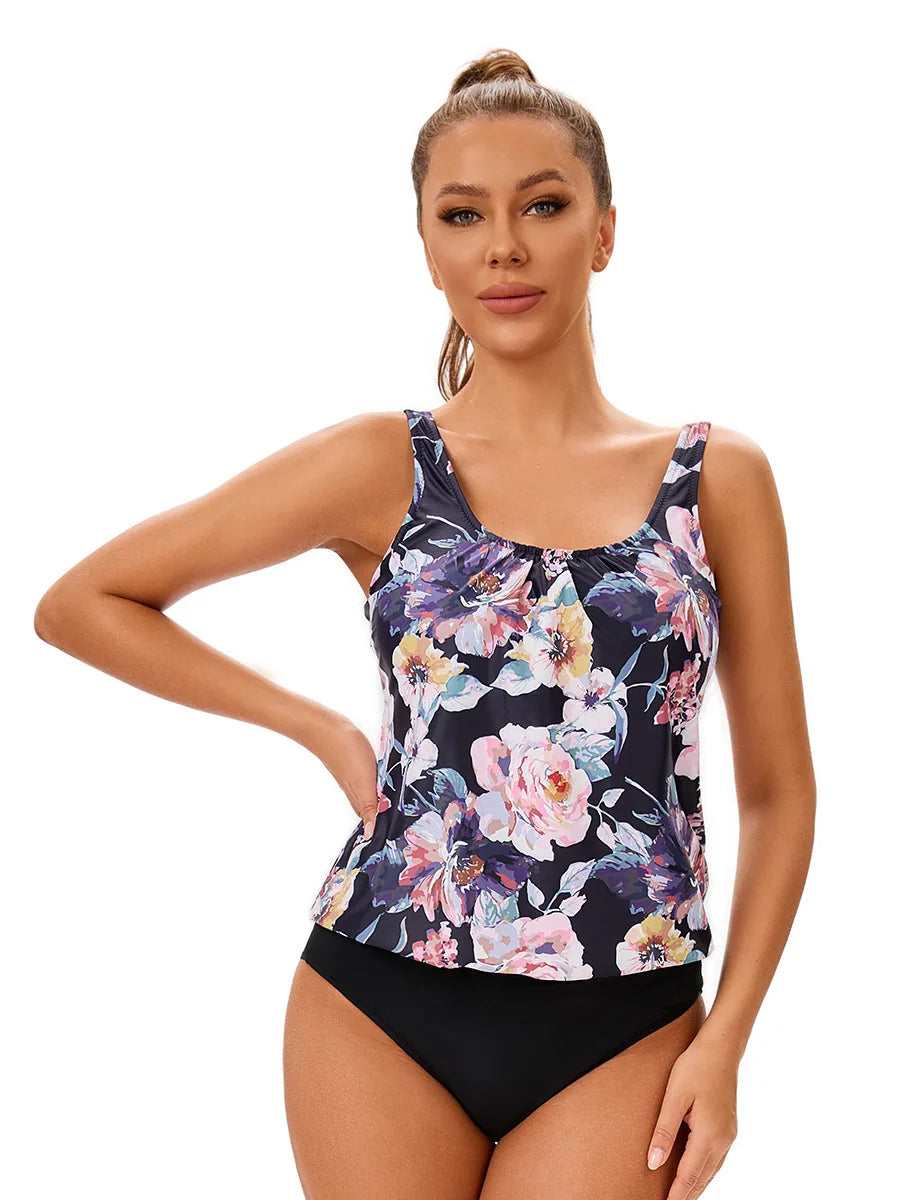 Flower Print Women's Tankini 2 Piece Sports Vest Swimsuit U-Neck Conservative Swimwear Bathers