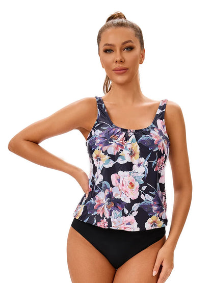 Flower Print Women's Tankini 2 Piece Sports Vest Swimsuit U-Neck Conservative Swimwear Bathers