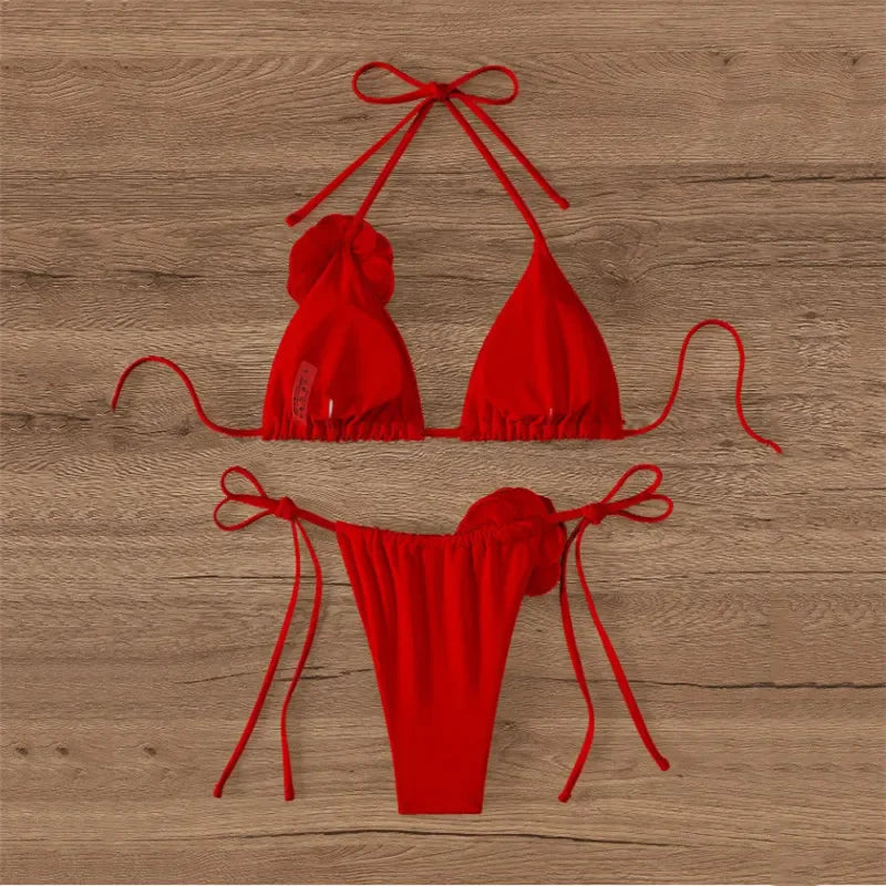 Flower Bandeau Swimwear Thong Bikini Women Lace-up Swimsuits Swimming Bathing Suit Brazilian Bikinis Set