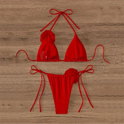 Flower Bandeau Swimwear Thong Bikini Women Lace-up Swimsuits Swimming Bathing Suit Brazilian Bikinis Set
