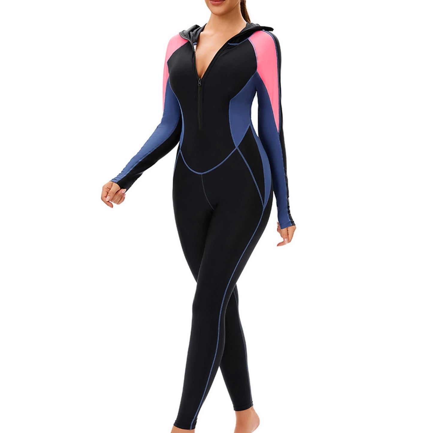 Womens Full Body Swimsuit One Piece Hooded Zipper Modest Swimsuit Full Cover Conservative Swimwear