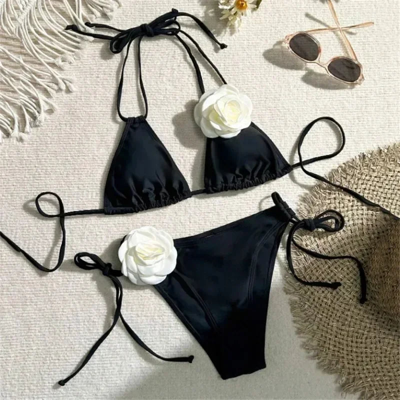 Flower Bandeau Swimwear Thong Bikini Women Lace-up Swimsuits Swimming Bathing Suit Brazilian Bikinis Set Mujer Biquini