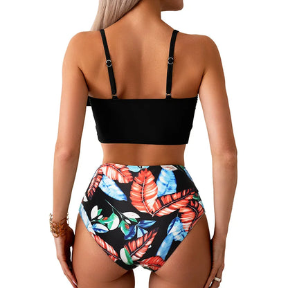 Women Flower Printed Separated Bikini Set Fashion Bow Tie Style High Waist Swimwear Shorts Beach Wear