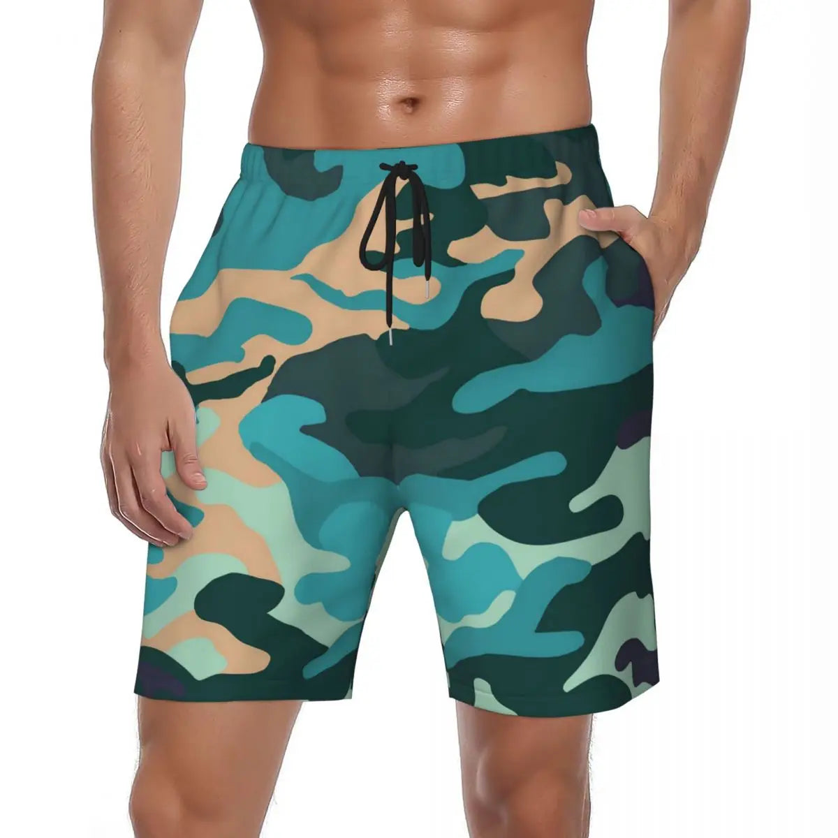 Men Board Shorts Red Camo Casual Swim Trunks Army Camouflage Breathable Sportswear Beach Short Pants