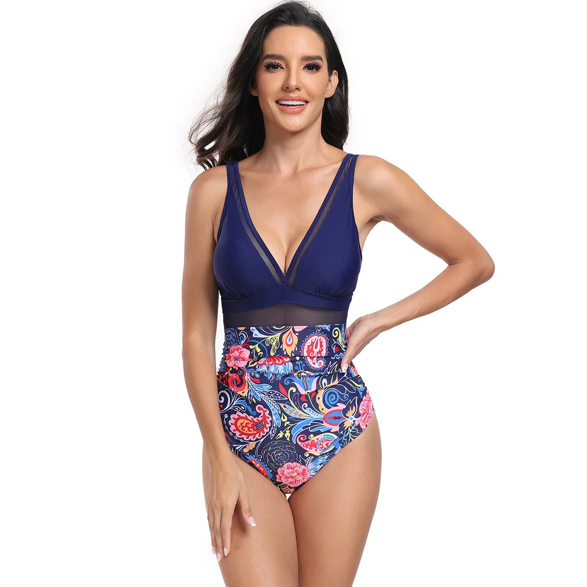 Women Fashion Flower Printed One-piece Swimsuit Plus Size Deep V Swimwear Bathers