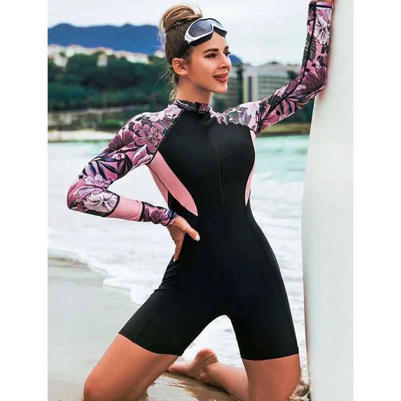 Rash Guard One Piece Women Sports Swimwear Patchwork Long Sleeve Swimsuit Push Up Beach Wear Bathing Suits Surfing Swimsuit Bathers