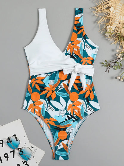 Tropical Print Swimsuit One Piece Knot Side Belted Swimwear Women Padded Bathing Suit Female Swimming Summer Beachwear