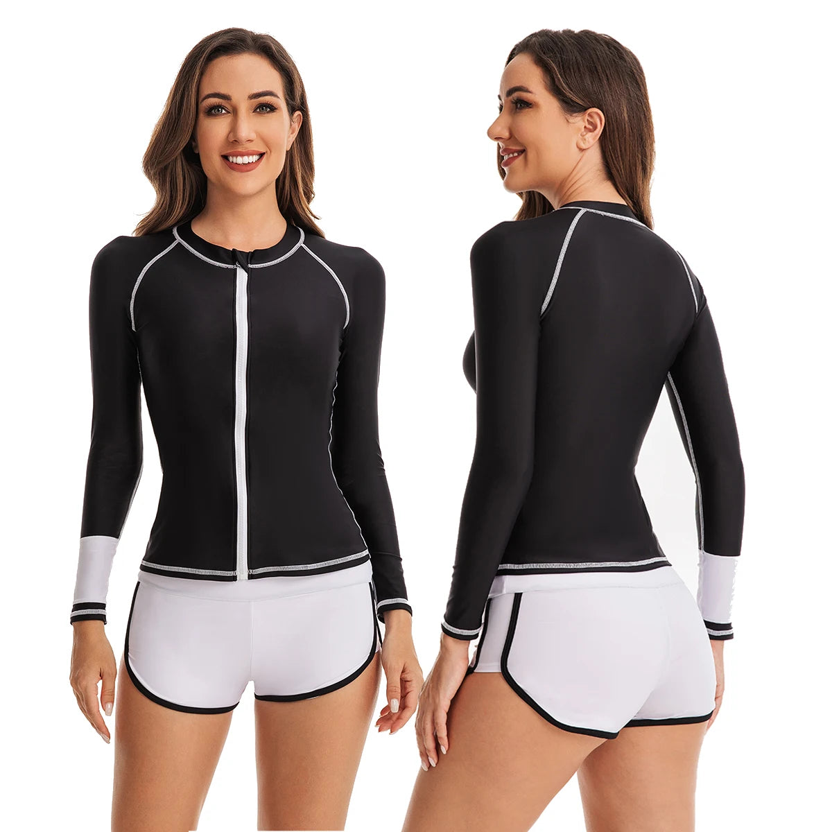 Long Sleeve Low Waisted Rash Guard with Bikini Briefs, UV Protection Women's Print Rash Guards Shirt Long Sleeve Set 2 Piece Swimsuit Bathing Suits