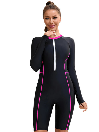 Rash Guard Suit Patchwork Sport One Piece Swimsuit For Women Zipper Long Sleeves Swimwear Female Professional Bathing Suits Beachwear