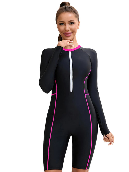 Rash Guard Suit Patchwork Sport One Piece Swimsuit For Women Zipper Long Sleeves Swimwear Female Professional Bathing Suits Beachwear