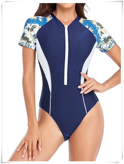 Short Sleeve Zipper One Piece Swimsuit Zebra Print Swimwear Women Diving Clothes Surfing Beachwear Bathing Swimming Suit