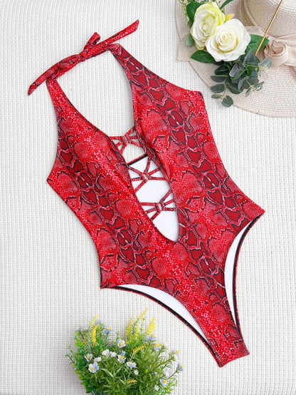 Women's Swimsuits Snake Skin Printed Monokini Women Swimwear One Piece Swimsuit Female Tummy Cut Out Bathing Suit Swim Lady