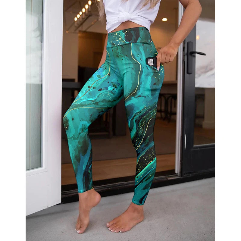 High Waist Women's Fitness Leggings 3D Digital Print Sexy Pocket Elastic Pants Fashionable Gym Trousers