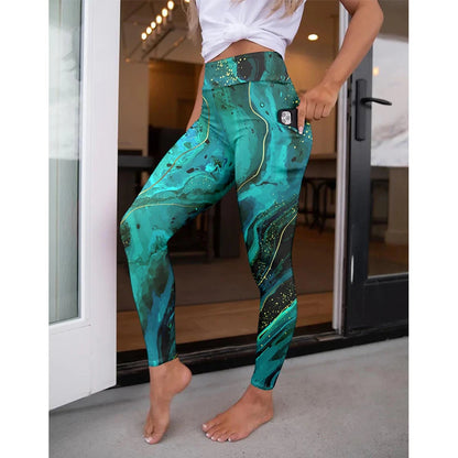 High Waist Women's Fitness Leggings 3D Digital Print Sexy Pocket Elastic Pants Fashionable Gym Trousers