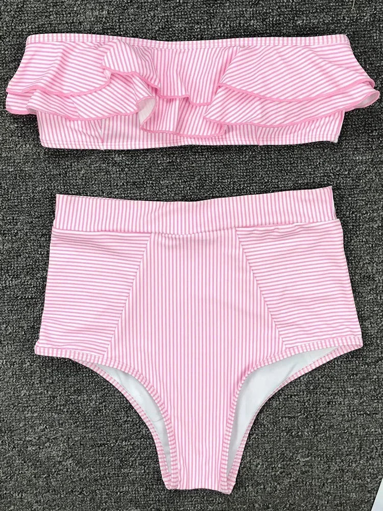 Striped Top Ruffle High Waist Bikini Women Swimwear Female Swimsuit Two-pieces Bikini set Bandeau Bikinis Bathing Suit Swim