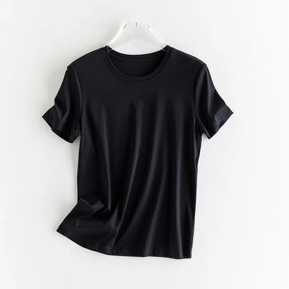 10% Silk & Mercerized Cotton Women T-shirt Luxury Tee Short Sleeve Silky Feeling Summer Wear Tops V / O-neck