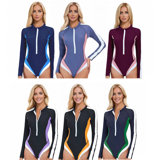 Sports One-Piece Swimsuit for Women's Leotard Long Sleeve Zipper Bodysuit Monokini Surfing Diving Swimwear Bathing Suit