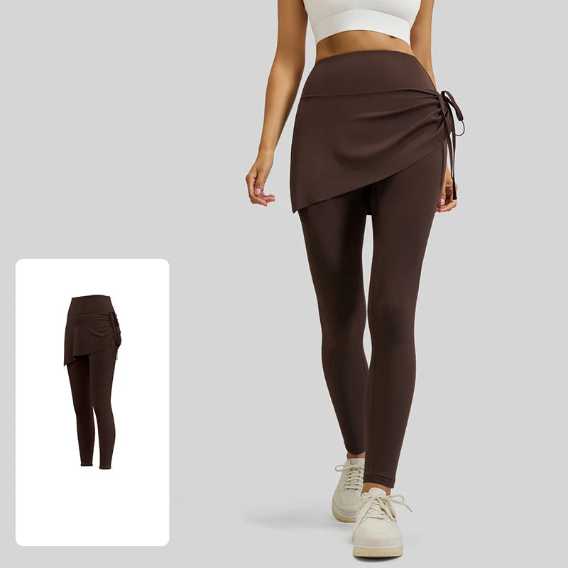 Spring Drawstring Pleated Yoga Leggings Skirt Pants Fake Two Piece Women High Waist Elastic Sports Fitness Leggings