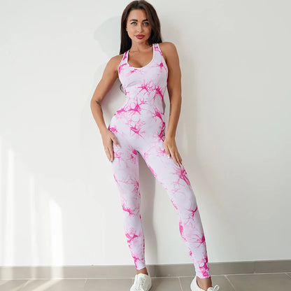 Seamless Tie-Dyed Yoga Jumpsuits Sports Fitness Hip-lifting One-Piece Beauty Back Bodysuits Gym Leggings Tracksuits for Women