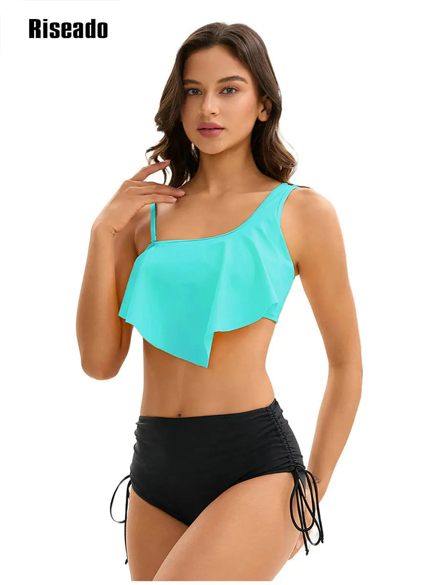 Ruffle Bikinis for Women Scoop Neck Swimsuits Lace Up One Shoulder Bikini Sets High Waist 2 Piece Bathing Suits