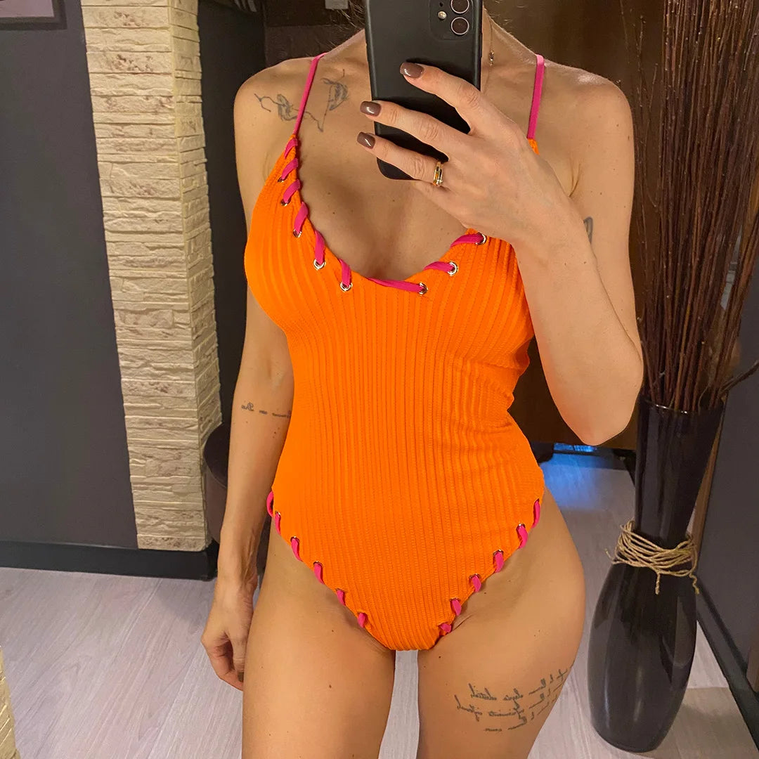 5 Colors V Neck Ribbed Cross Back One Piece Swimsuit Women Swimwear Female High Leg Cut Monokini  Bather Bathing Suit Swim