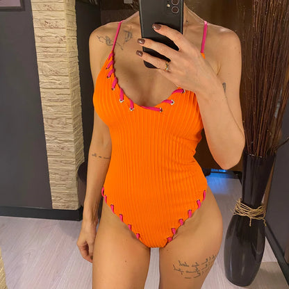 5 Colors V Neck Ribbed Cross Back One Piece Swimsuit Women Swimwear Female High Leg Cut Monokini  Bather Bathing Suit Swim