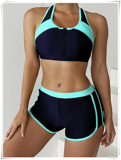 Two Piece Swimsuit Women Zipper Tankini Set High Waist Shorts Swimwear Female Bathing Swimming Suit Sports Beachwear Summer