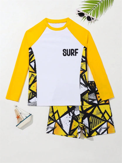 Boy Swimsuit Geometry Print Long Sleeve Children Swimwear Summer Two Piece Kids Beach Wear Swimming Bathing Suit Men's