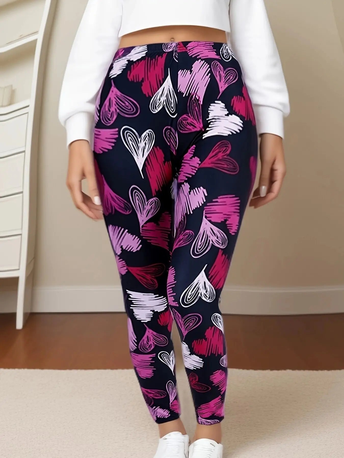 Plus Size Red And White Heart-Shaped Sports High Elasticity Casual Simple Cropped Pants