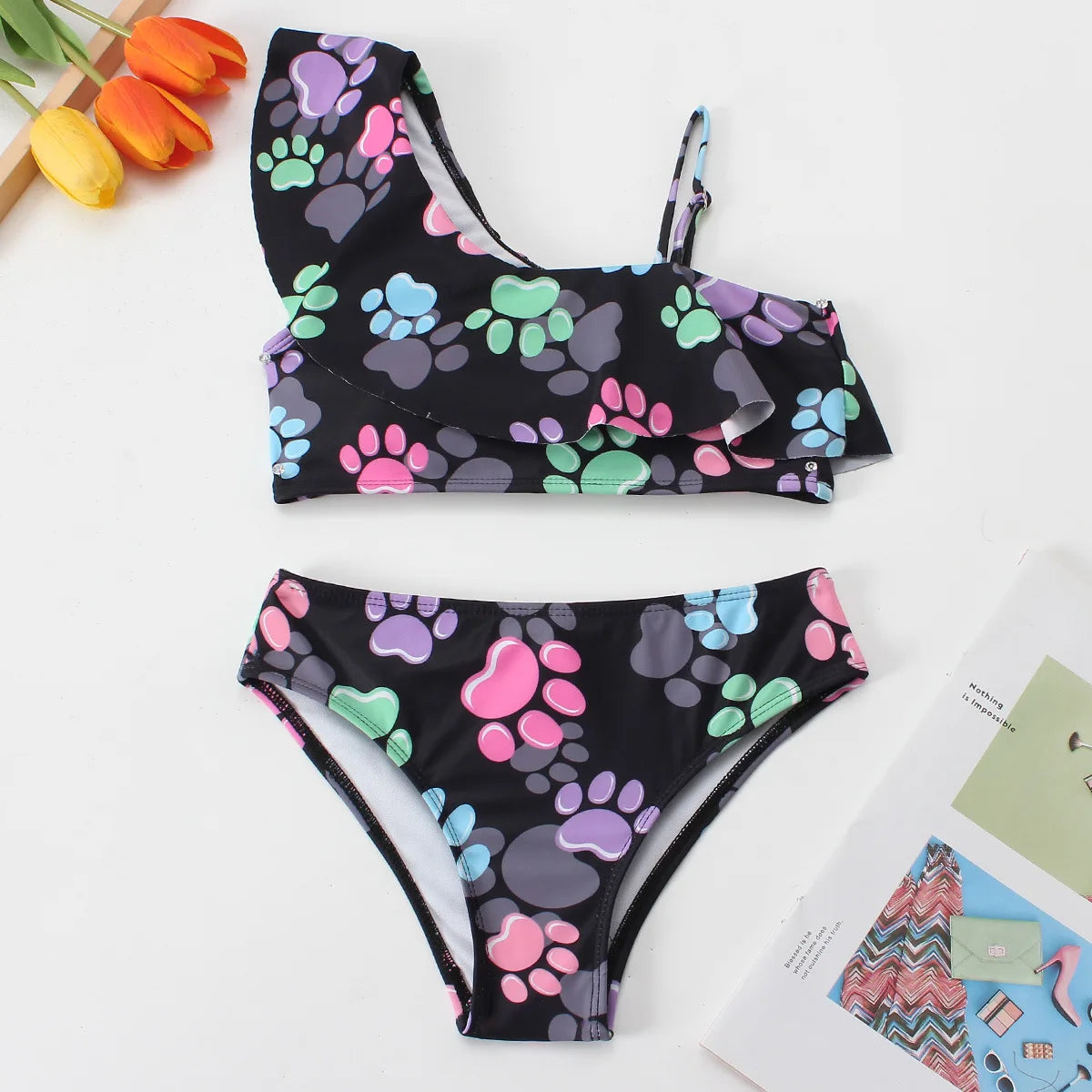 Girls Ruffle Bikini Two Pieces Swimsuit Kids Cat Footprints One Shoulder Children's Swimwear 7-12Years Bathing Suit