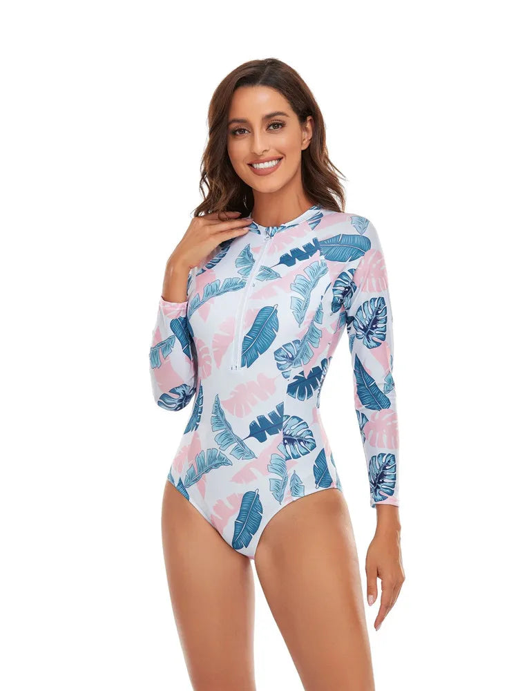 Long Sleeve Swimwear Women Rash Guard Zipper Surf suit Woman Swimsuit One-Piece Bathing Suit Beach Wear Monokini Bikini