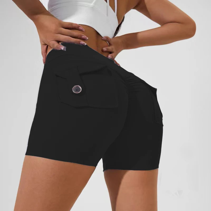 Scrunch Women Button Booty Pocket Sports Yoga Shorts Cycling Jogging Fitness High Waist Squat Proof Gym Active Leggings