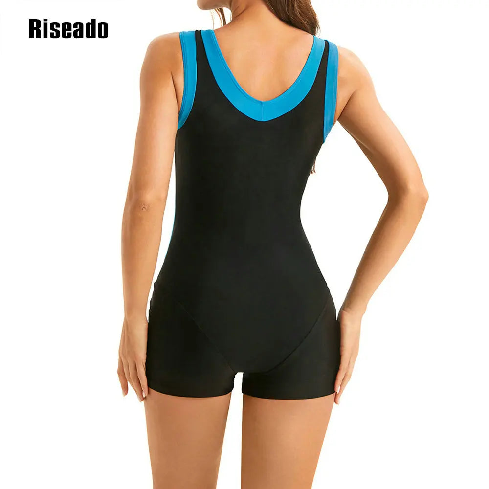 Women One Piece Swimsuit Sleeveless V Neck Beachwear Female Boyleg Swimwear with Zipper