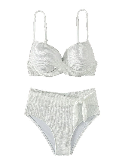 Ribbed White Strappy Bikinis High Waist Swimsuit Women Push Up Swimwear Female Bathers Bathing Swimming Suit Beachwear Summer