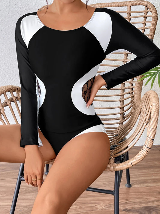 Women One Piece Slim Mesh Swimwear Long Sleeves Swimsuit Female Bathers Bathing Swimming Swim Sporty Bodysuit Beachwear