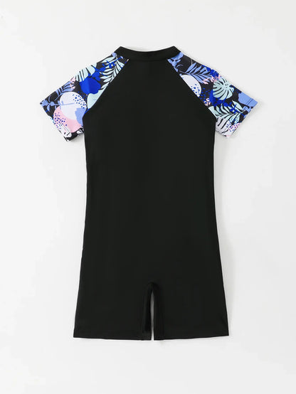 Kids Girls One Piece Swimsuit Short Sleeve Swimwear Boyleg Sports Rash guard Shorty Children Surfing Suits 7-12 Years Jumpsuit