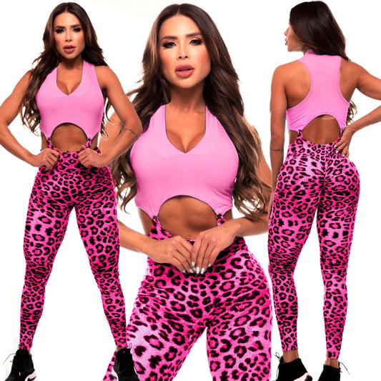 Pad Separate Sport Bra Scrunch Pant Leopard One Piece Jumpsuits Women Bodycon Workout Legging Gym Fitness Active Wear Suits