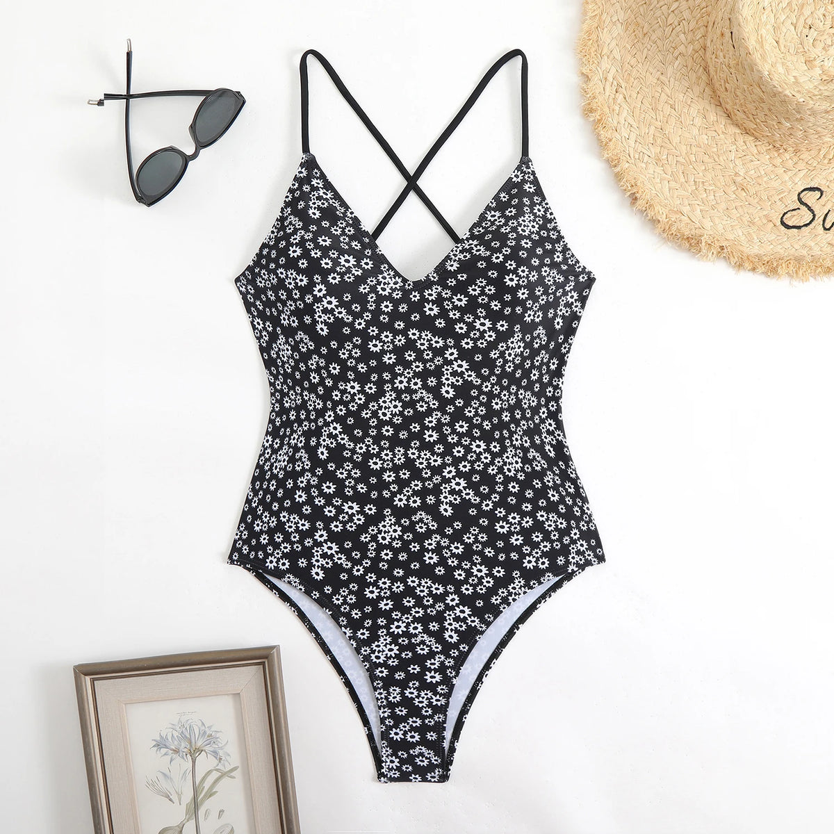 V-neck Strappy Swimsuit Women One Piece Printed Back Cross Swimwear Female Bathers Bathing Swimming Swim Suit Beachwear