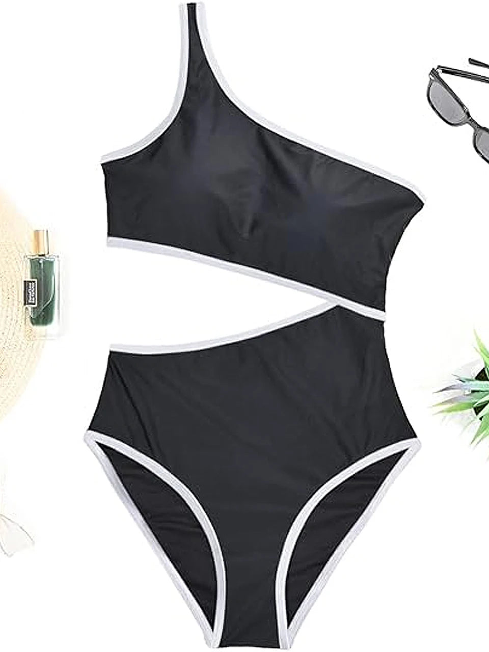 One Shoulder Solid One Piece Swimsuit Women Color Block Hollow Swimwear Female Bathers Bathing Swim Suit Padded Beachwear