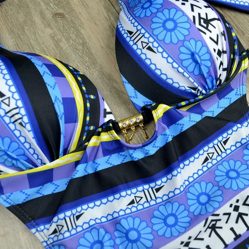 S - XXL Color Pattern Printed Bra Cup Female Swimwear One Piece Swimsuit Women Push Up Monokini Backless Bather Bathing Suit Swim Lady