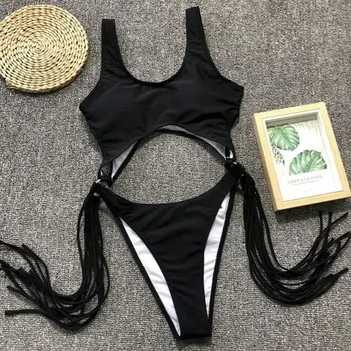 Splicing High Cut Out One Piece Swimsuit Women Tassel Swimwear Female Bathing Suit String Leopard Bikini Monokini Lady